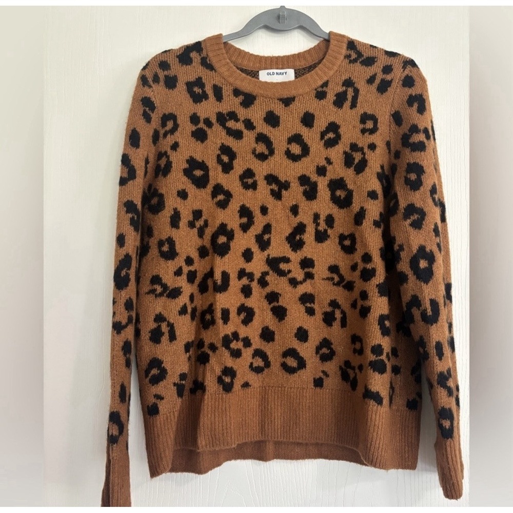 Old Navy Women's Large Brown Leopard Print Knit Pullover Sweater Crew Neck Cozy